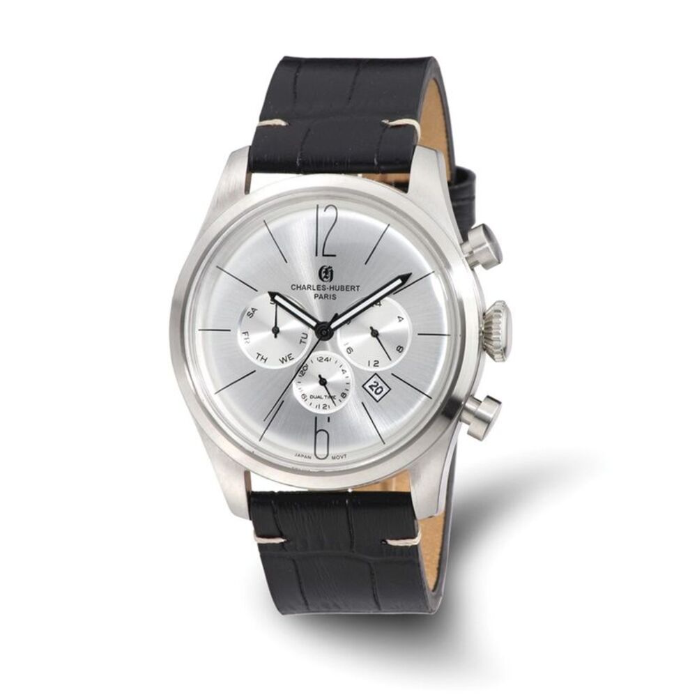 Charles Hubert Mens Stainless Leather Band 46mm Dual Time Watch